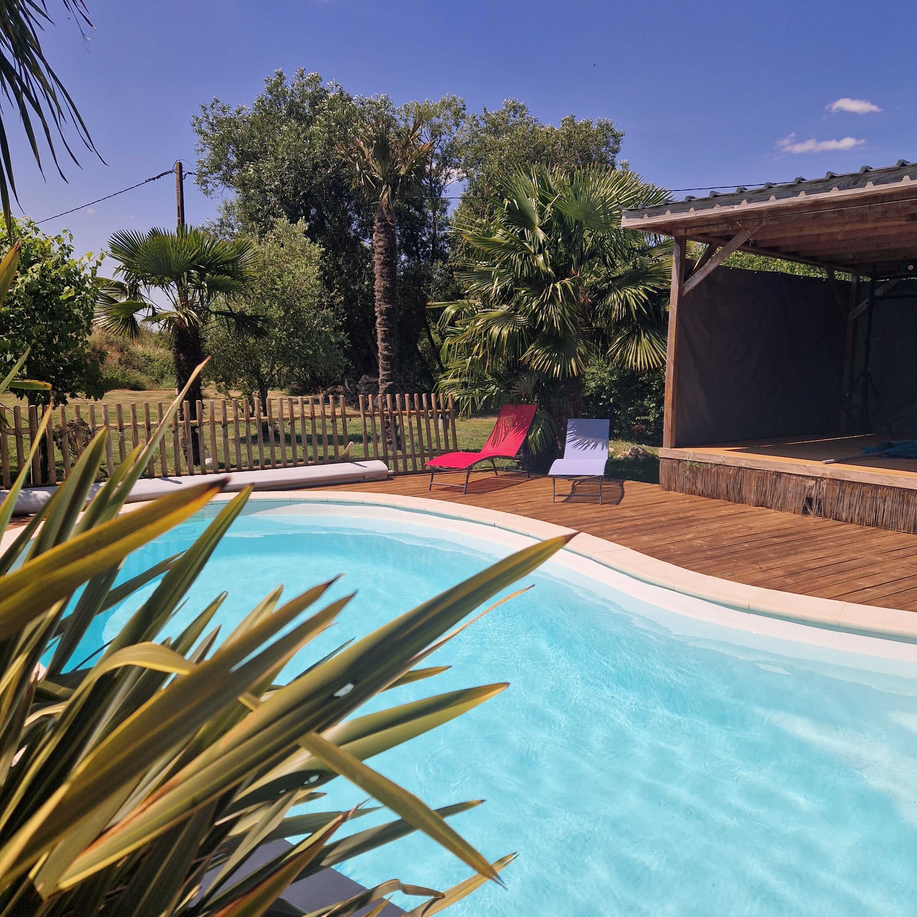 A swimming pool with a wooden deck, surrounded by palm trees and a wooden fence.