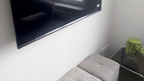 A modern room with a large flat-screen TV mounted on the wall, a small table with a plant, and a grey ottoman.