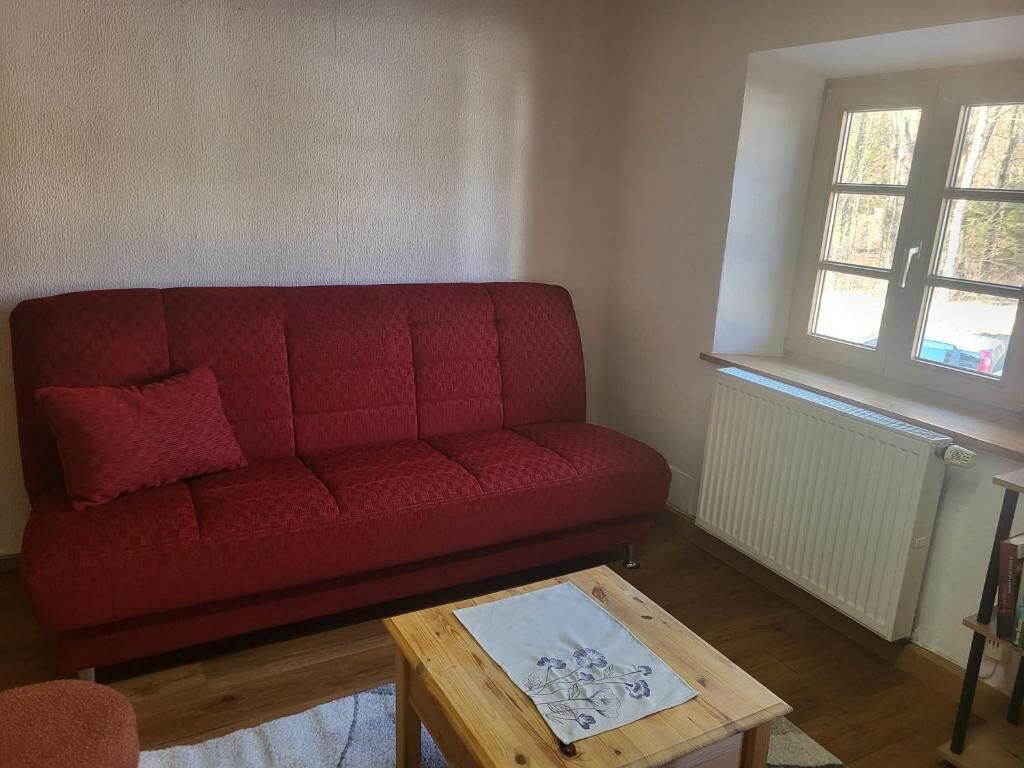 Un sofá rojo, una mesa de centro de madera con un posavasos floral, un radiador y una ventana que da a vistas de árboles.