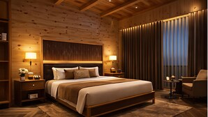 Une chambre moderne avec un plafond en bois, un grand lit avec de nombreux oreillers, des lampes de chevet, une table de chevet, une chaise et une grande fenêtre avec des rideaux.