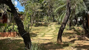 A garden pathway with trees and a building in the background.