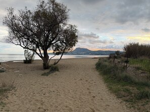 Ein Sandweg am Strand führt zu einem von Bäumen gesäumten Bereich mit Blick auf eine ferne Berglandschaft und Wasser.