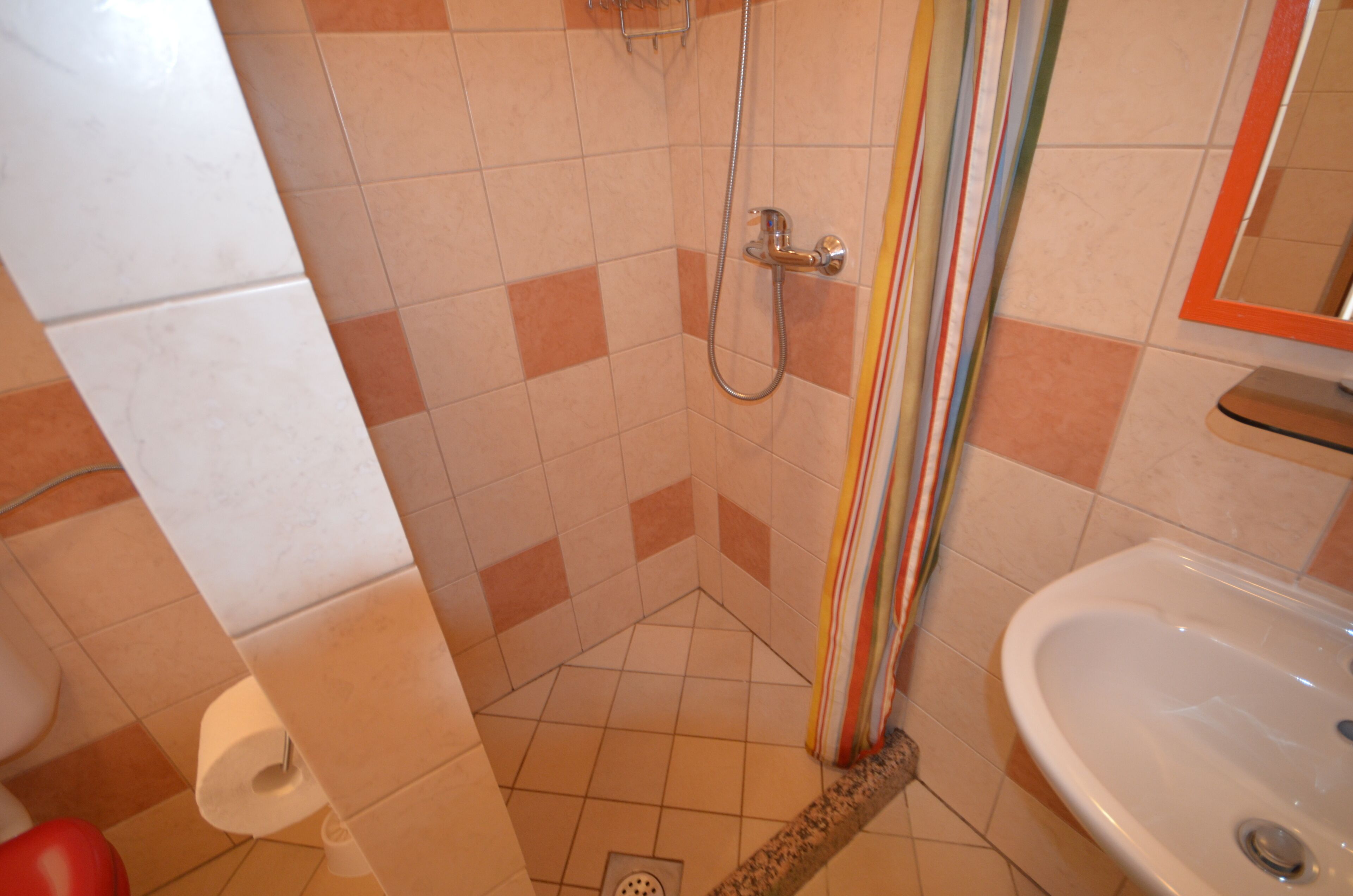 Une salle de bain avec douche, toilettes et lavabo.