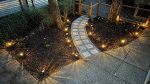 A paved pathway with small lights, surrounded by trees and a wooden fence.
