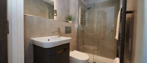 Shower, hair dryer, towels, shampoo