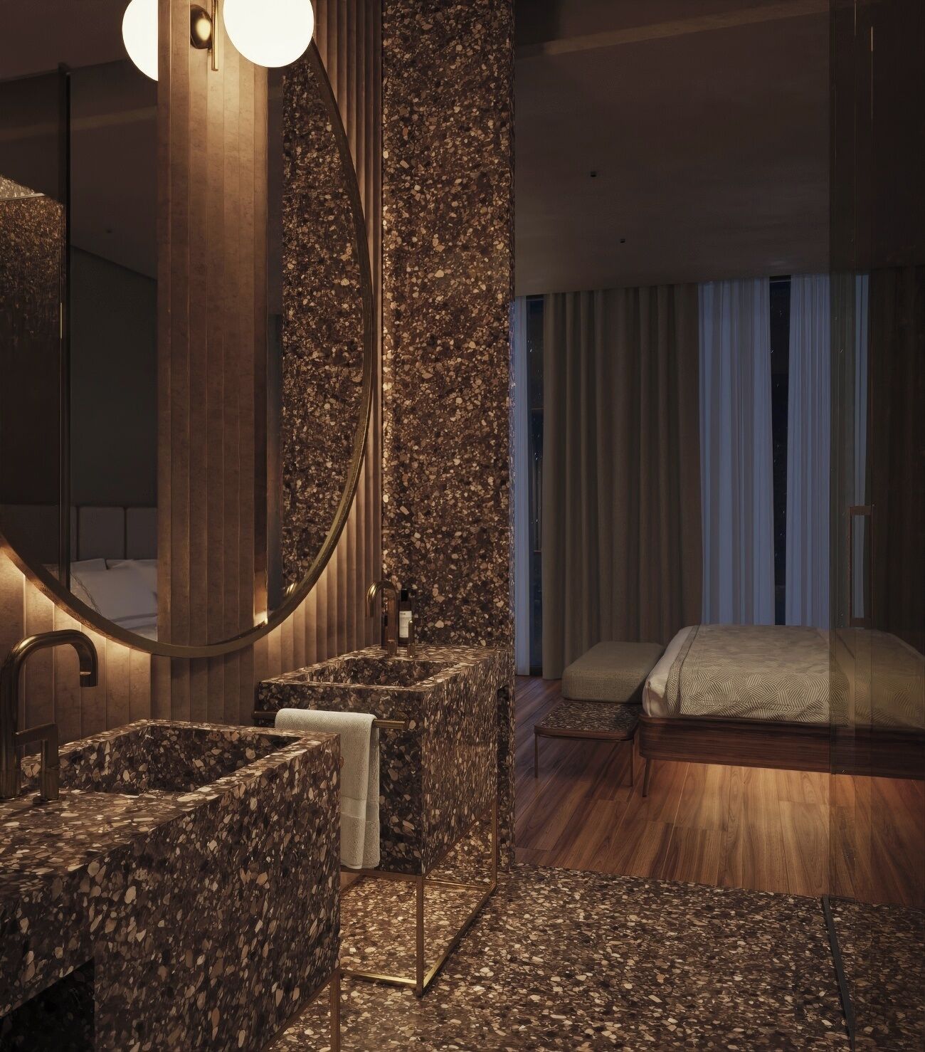 A modern bathroom with a granite sink, a large mirror, and a separate shower area.