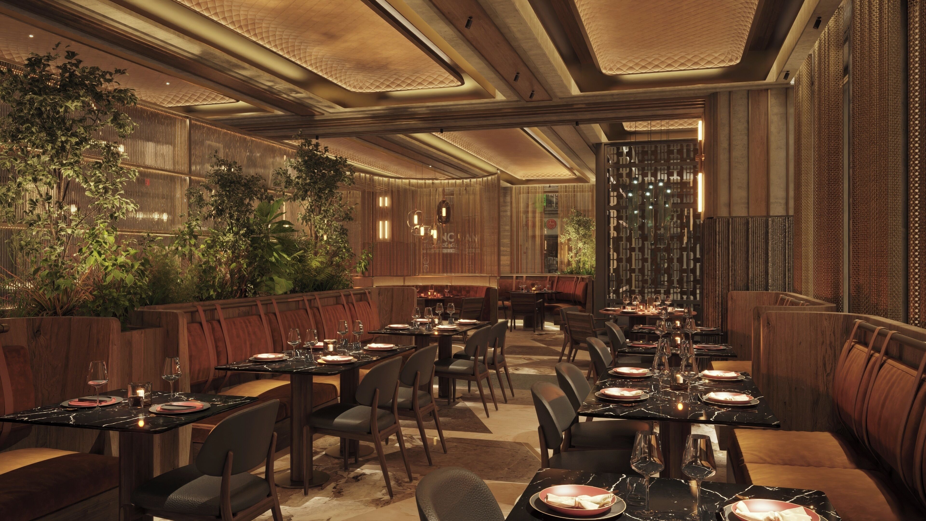 A restaurant with wooden booths, black marble tables, and a warm ambiance.