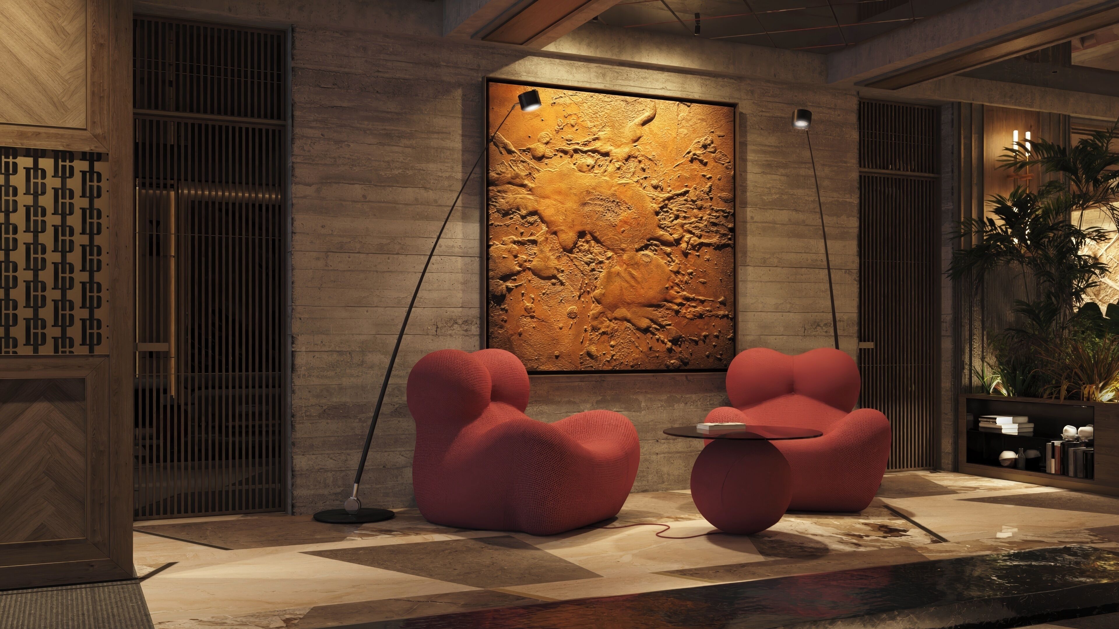 A modern interior with a large textured wall art, two red chairs, a small table, and a potted plant.