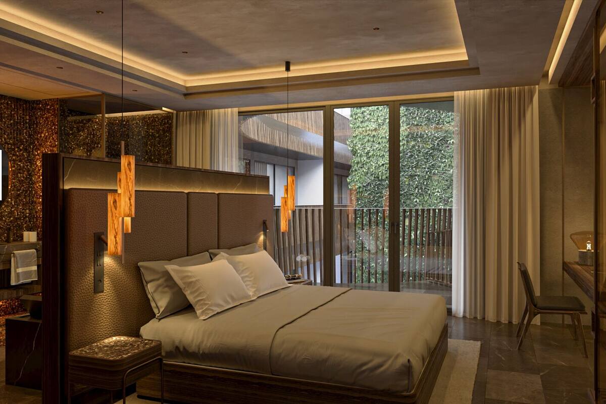 Une chambre d’hôtel moderne, dotée d’un grand lit, d’une table de chevet, d’un miroir et offrant une vue sur l’extérieur.