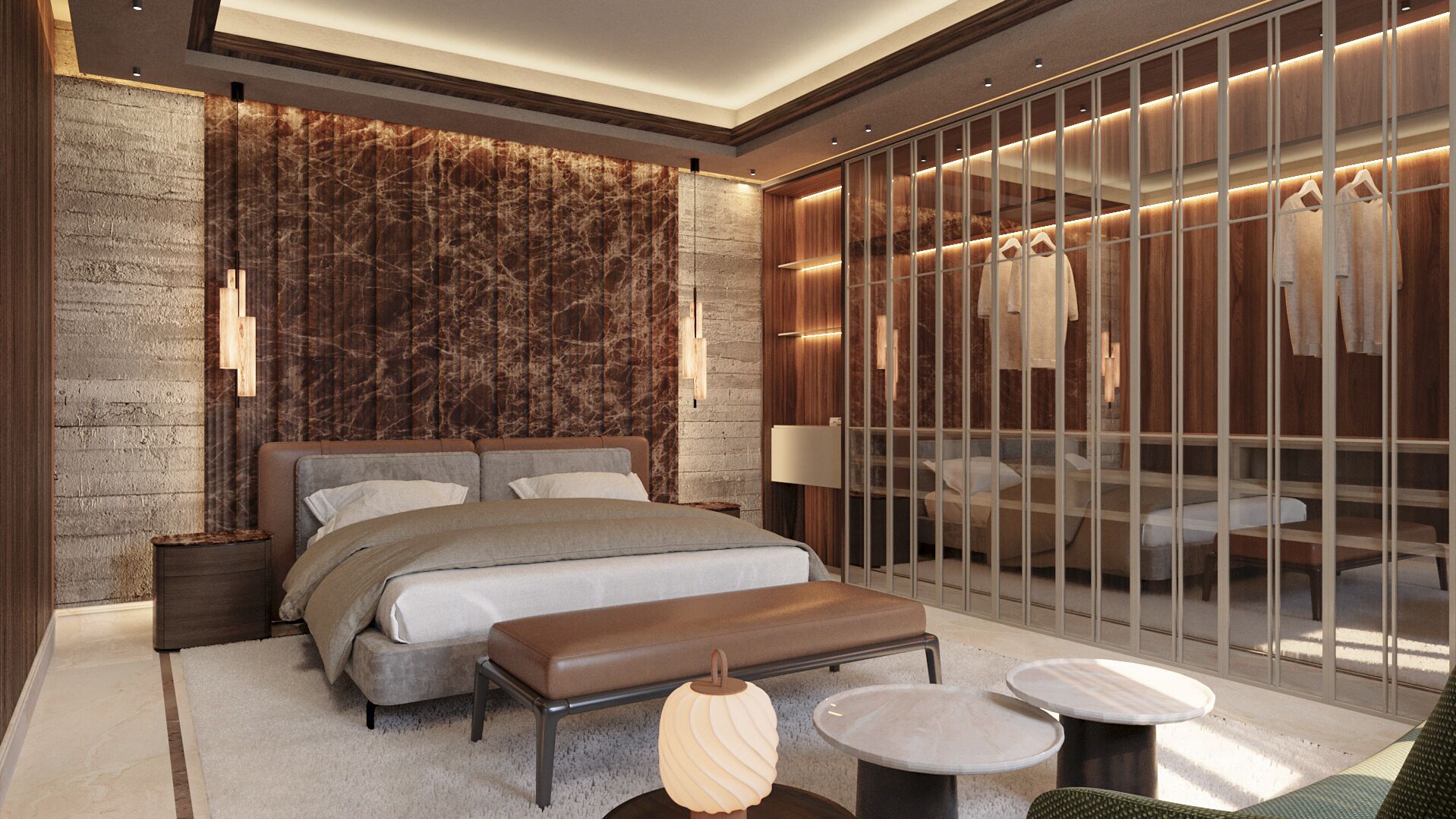 A modern bedroom with a large bed, a walk-in closet, and a seating area with two round tables.