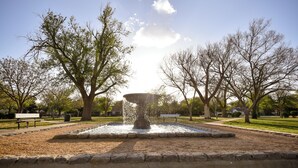 Un parco con una fontana al centro, circondato da alberi e panchine.