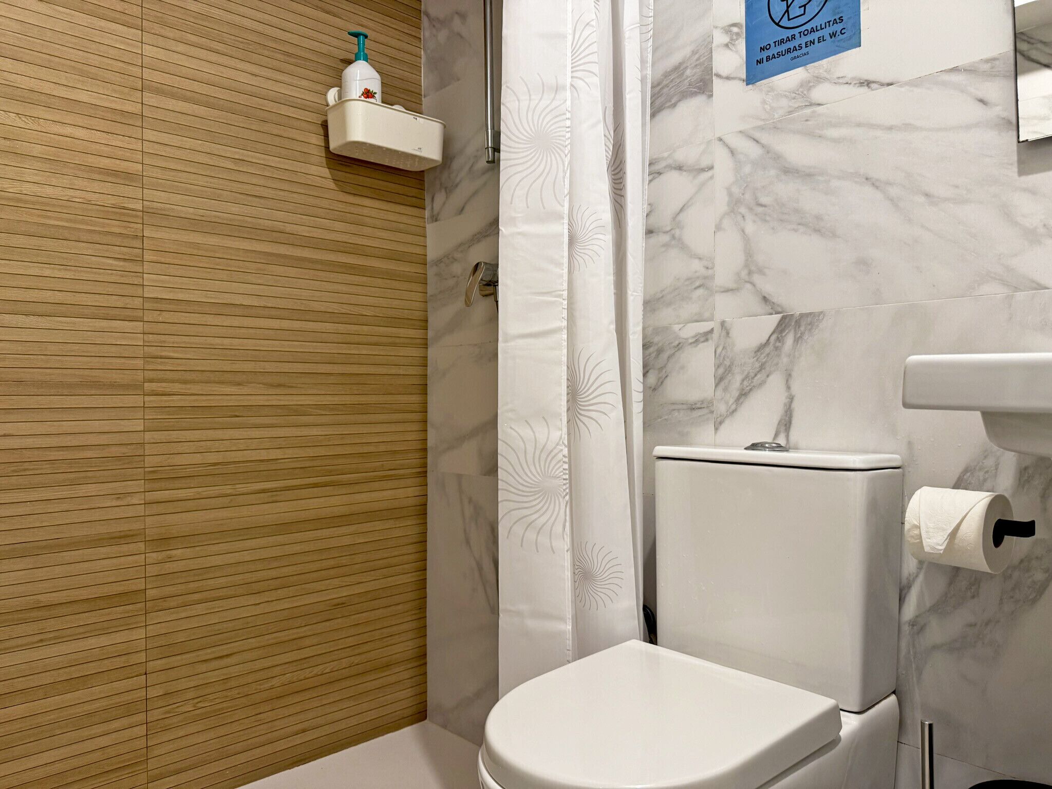 Een badkamer met toilet, douchegordijn, zeepdispenser en bordje.