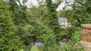 A house with a solar panel roof, surrounded by dense greenery and a small stream. - Riverside House (Scarborough)