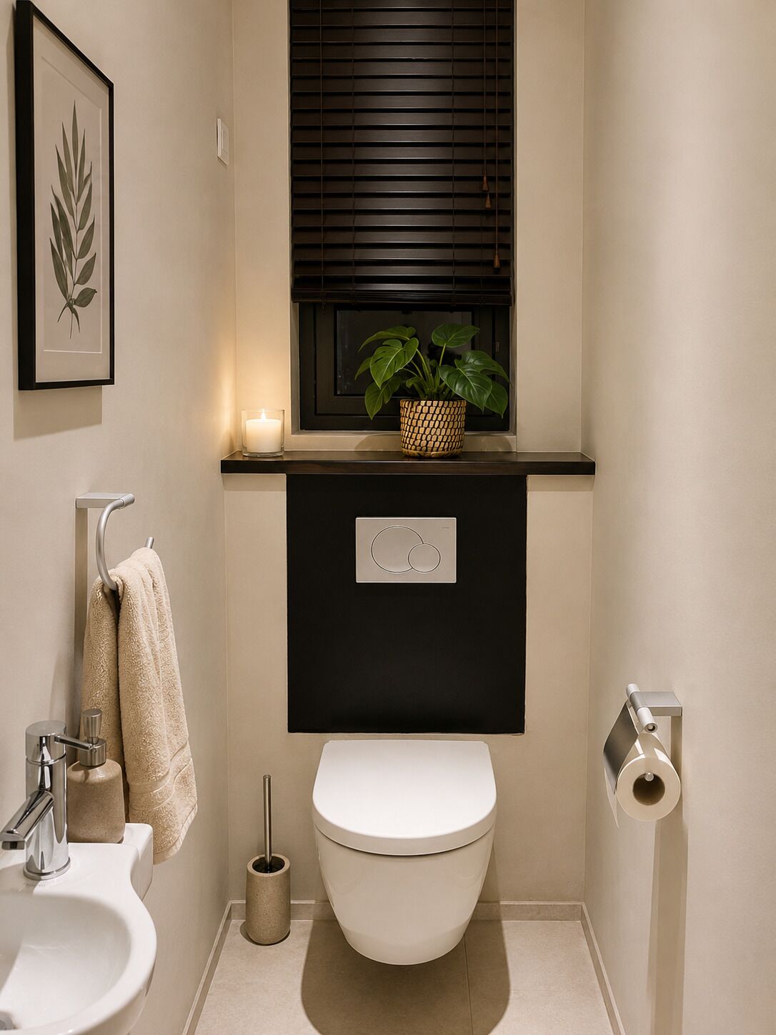 A modern bathroom with a toilet, bidet, sink, and a framed botanical print on the wall.