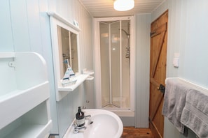 A bathroom with a white sink, a mirror, a shower enclosure, and a wooden door. - Pleasans (Hayle)