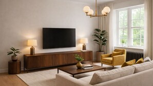 A modern living room with a flat-screen TV, wooden console, two floor lamps, a sofa, a coffee table, and a large window with curtains. - Cozy 2-Bed in Central London (London)