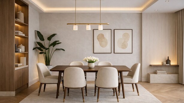 A modern dining room with a wooden table, six chairs, a vase of flowers, and a bookshelf. - Cozy 2-Bed in Central London (London)