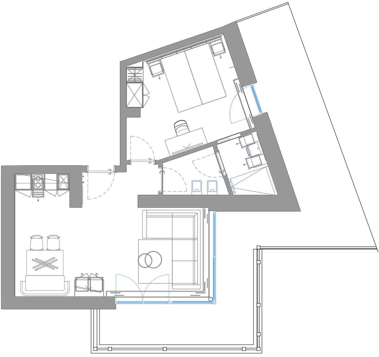A floor plan with a kitchen, dining area, and two bedrooms.