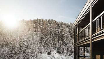 Et sneklædt skovlandskab med en bygning, der har en balkon.