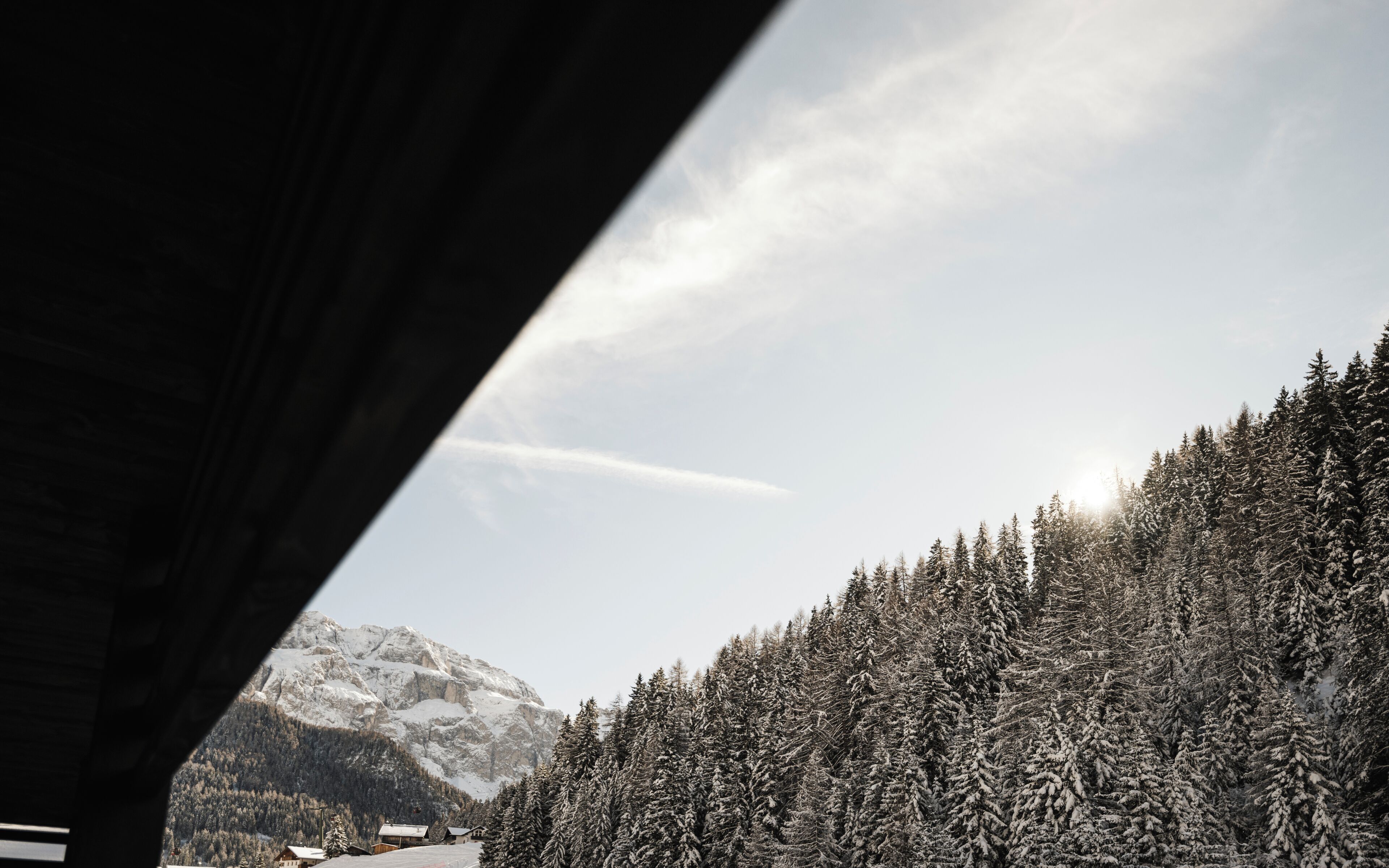 A mountainous landscape with snow-covered trees and a clear sky.