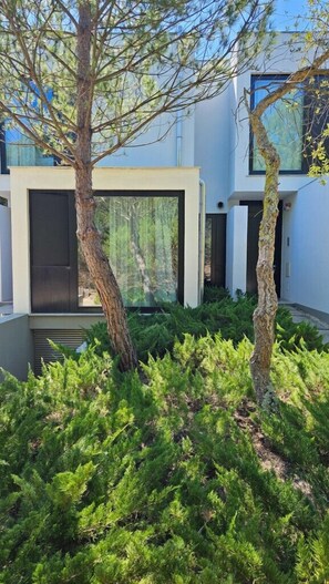 Un edificio moderno con fachada de vidrio, rodeado de exuberante vegetación y árboles.