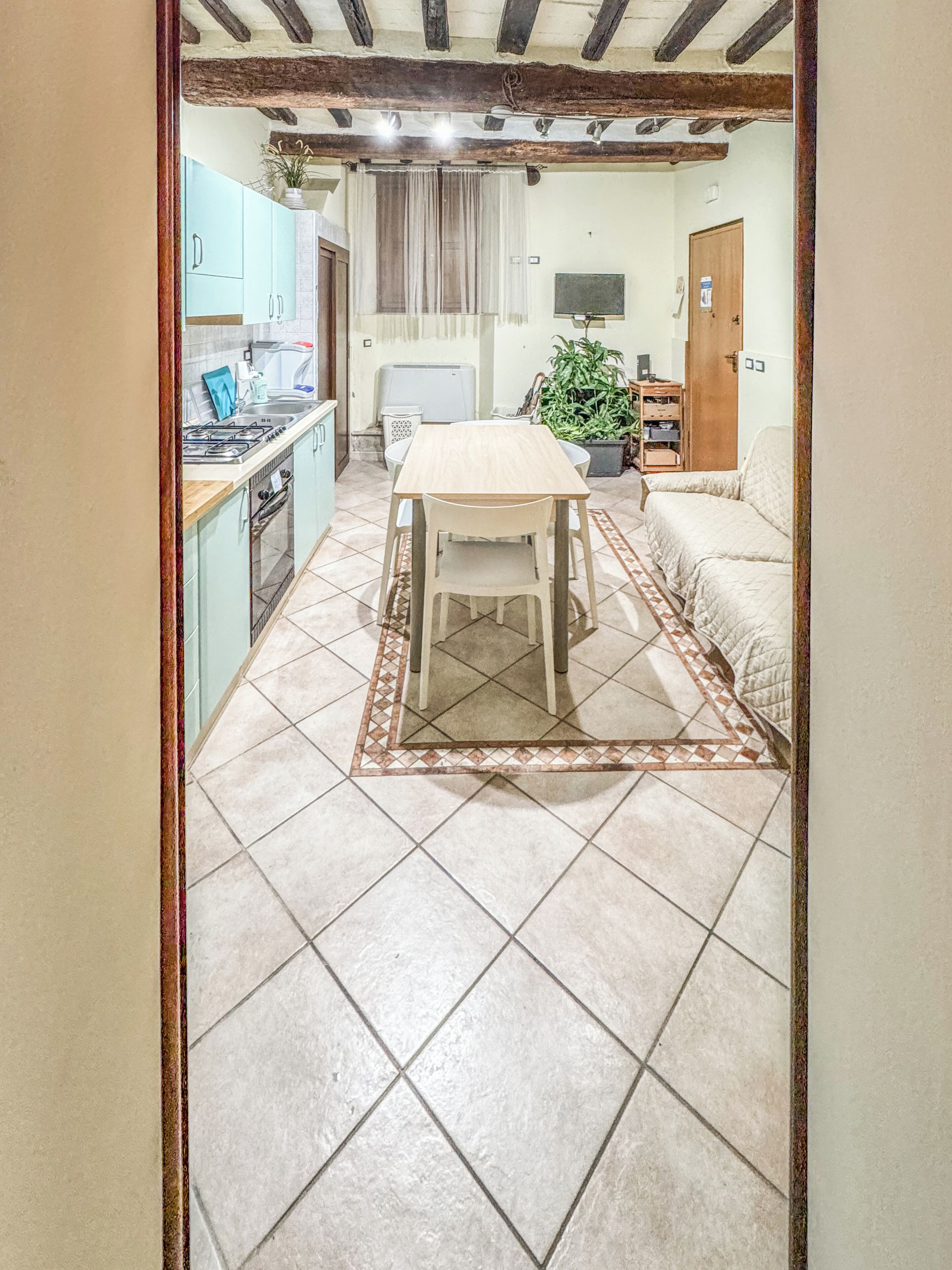 Una cocina con estufa, lavabo y armarios, un comedor con mesa y sillas, y una sala de estar con sofá y planta.
