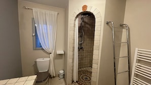 Une salle de bain avec douche, toilettes et fenêtre avec rideaux.