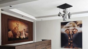A modern reception area with a wooden reception desk, a large wall-mounted painting of lions, and another painting of an elephant. - OLOISIRI NAMANGA HOTEL (Namanga)