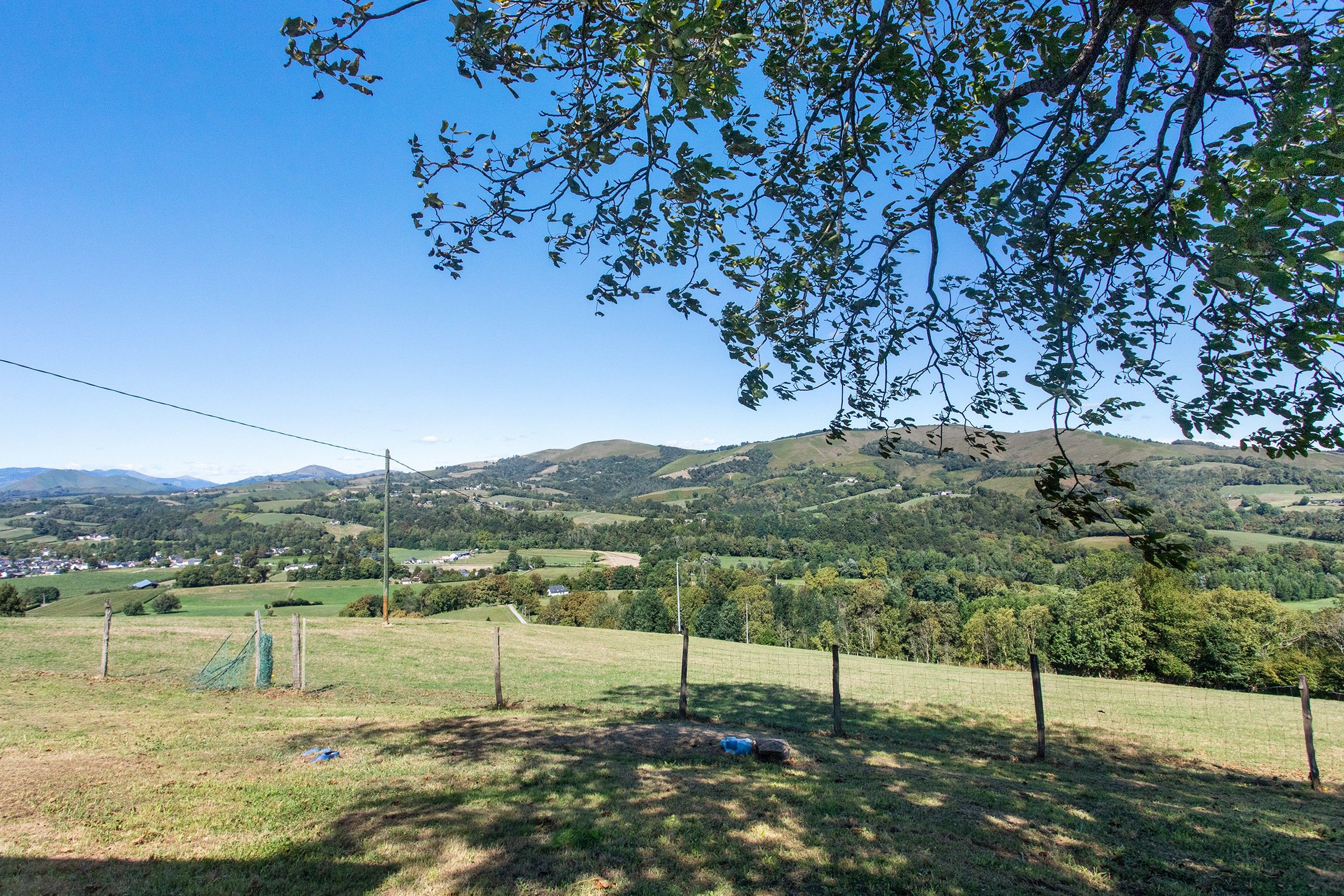 A rural landscape with rolling hills, a clear sky, and a fenced area with trees.