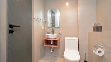 Basic Apartment, Courtyard View | Bathroom | Shower, hair dryer, slippers, towels