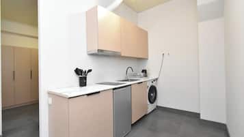 A compact kitchen with a dishwasher, washing machine, and a sink.