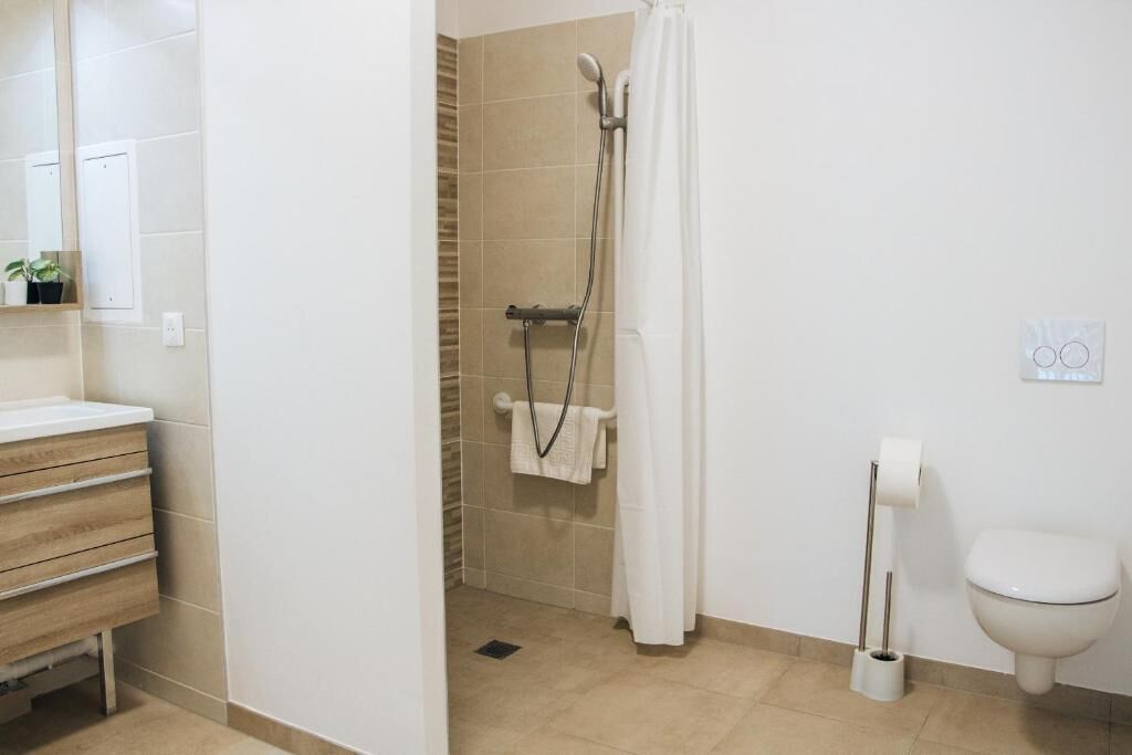 A bathroom with a shower, toilet, and a sink with a wooden vanity.