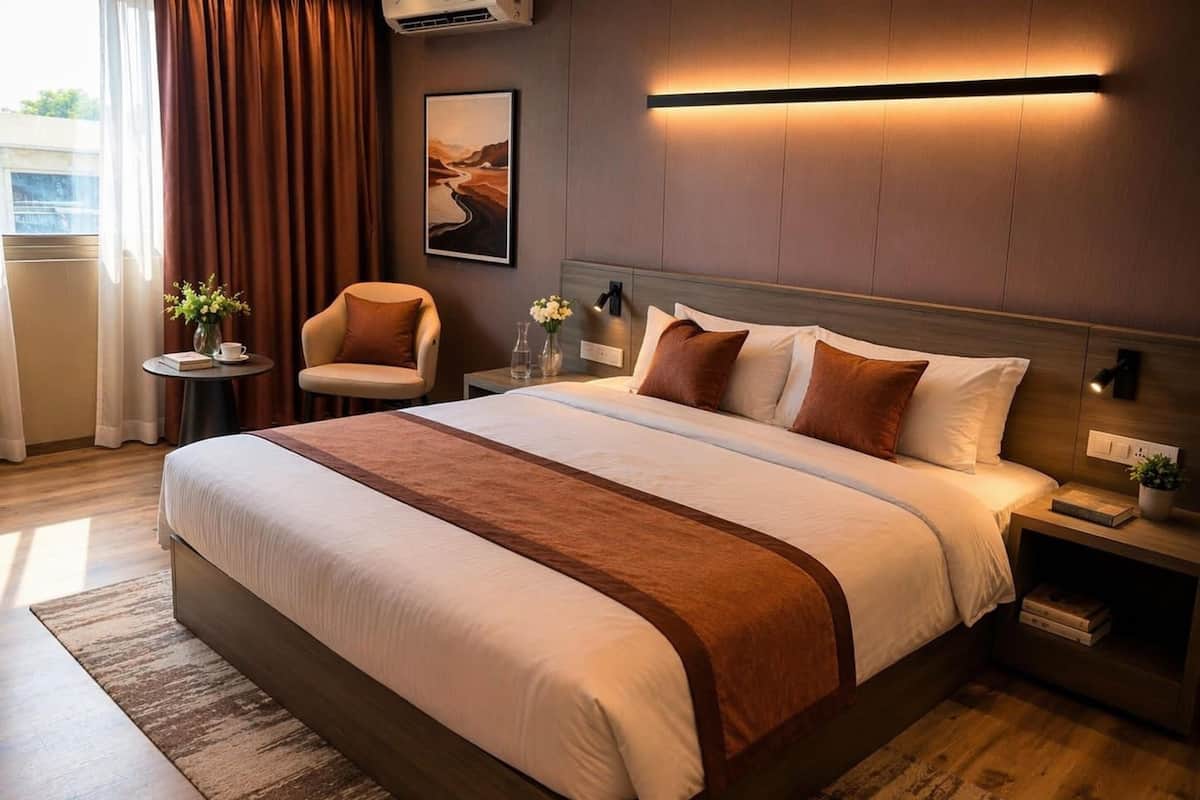 A modern hotel room with a large bed, a side table, a chair, a small table with a vase of flowers, and a painting on the wall.