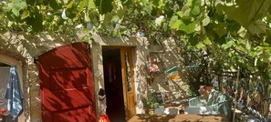 Zona salotto esterna rustica con parete in pietra, una porta rossa e lampadine appese.
