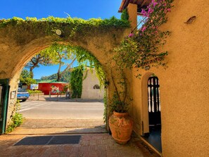 Un arco adornado con follaje, una planta grande en maceta y la entrada de un edificio.