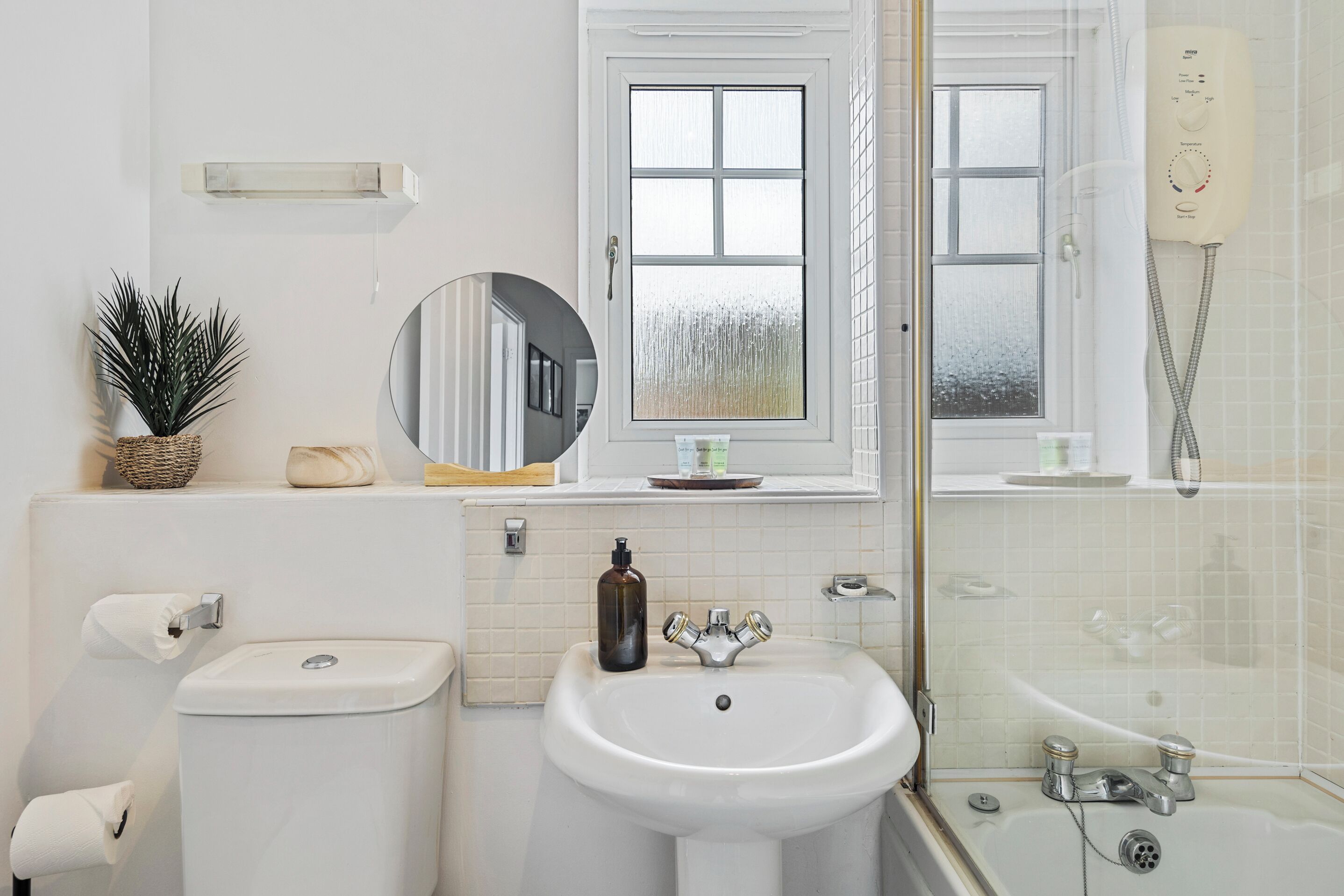 Hair dryer, towels, soap, shampoo