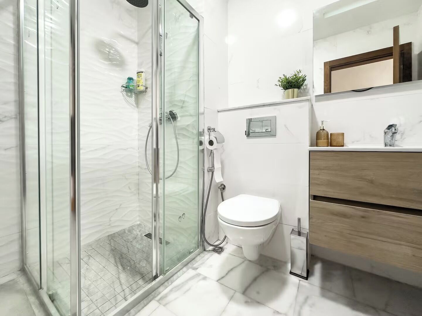 Hair dryer, towels, soap, toilet paper