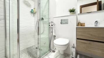 Hair dryer, towels, soap, toilet paper