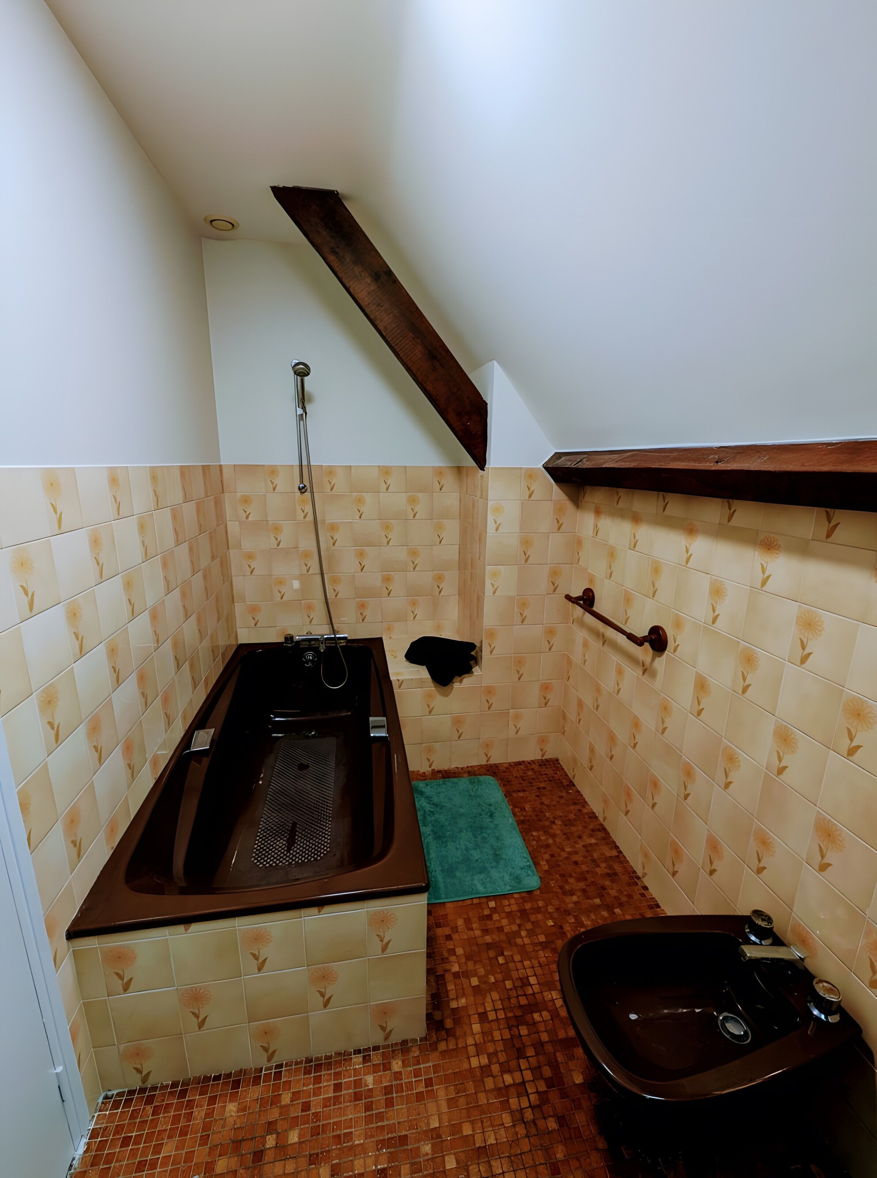Une salle de bain avec une baignoire, un petit lavabo et une douche.