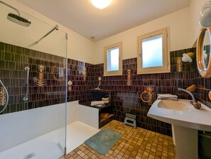 Shower, hair dryer, towels