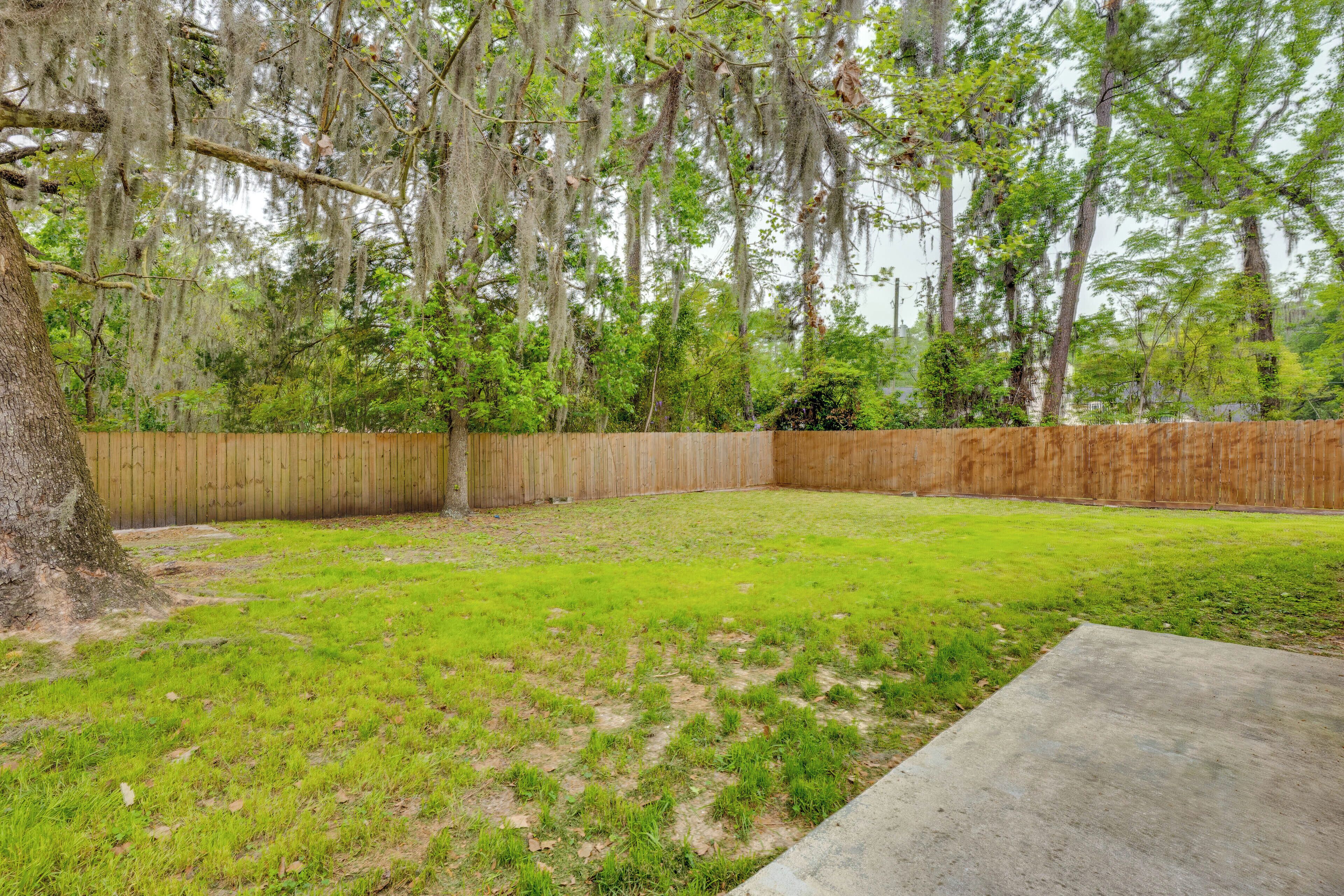 A backyard with a wooden fence, a concrete patio, and a tree with hanging moss.