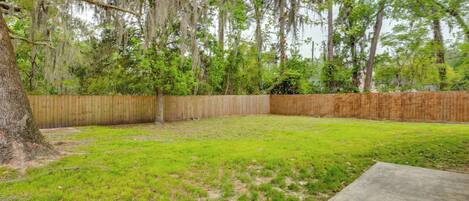 A backyard with a wooden fence, a concrete patio, and a tree with hanging moss.