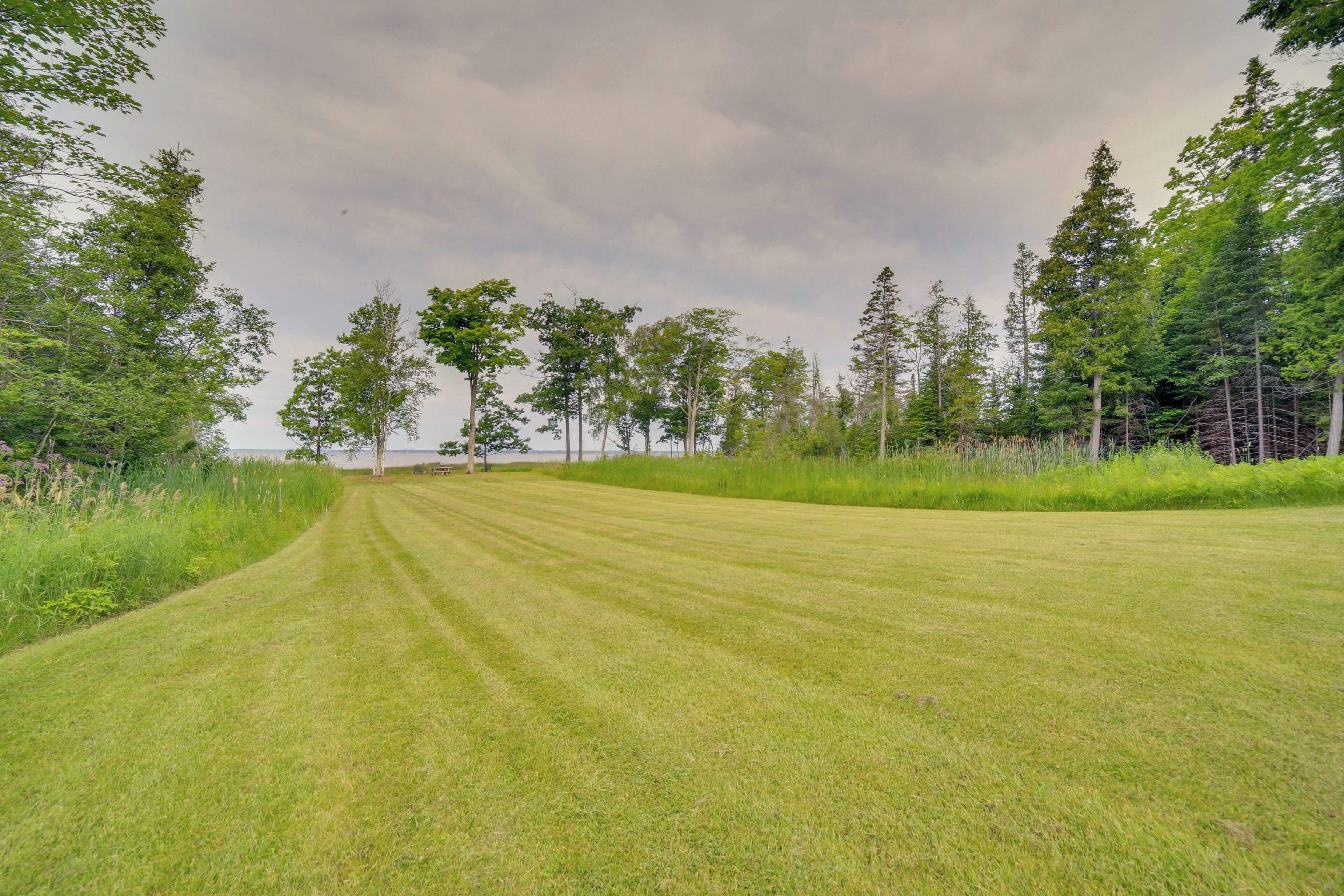 Een verzorgd grasveld met een duidelijke pad dat naar een waterpartij leidt, omringd door bomen en begroeiing.
