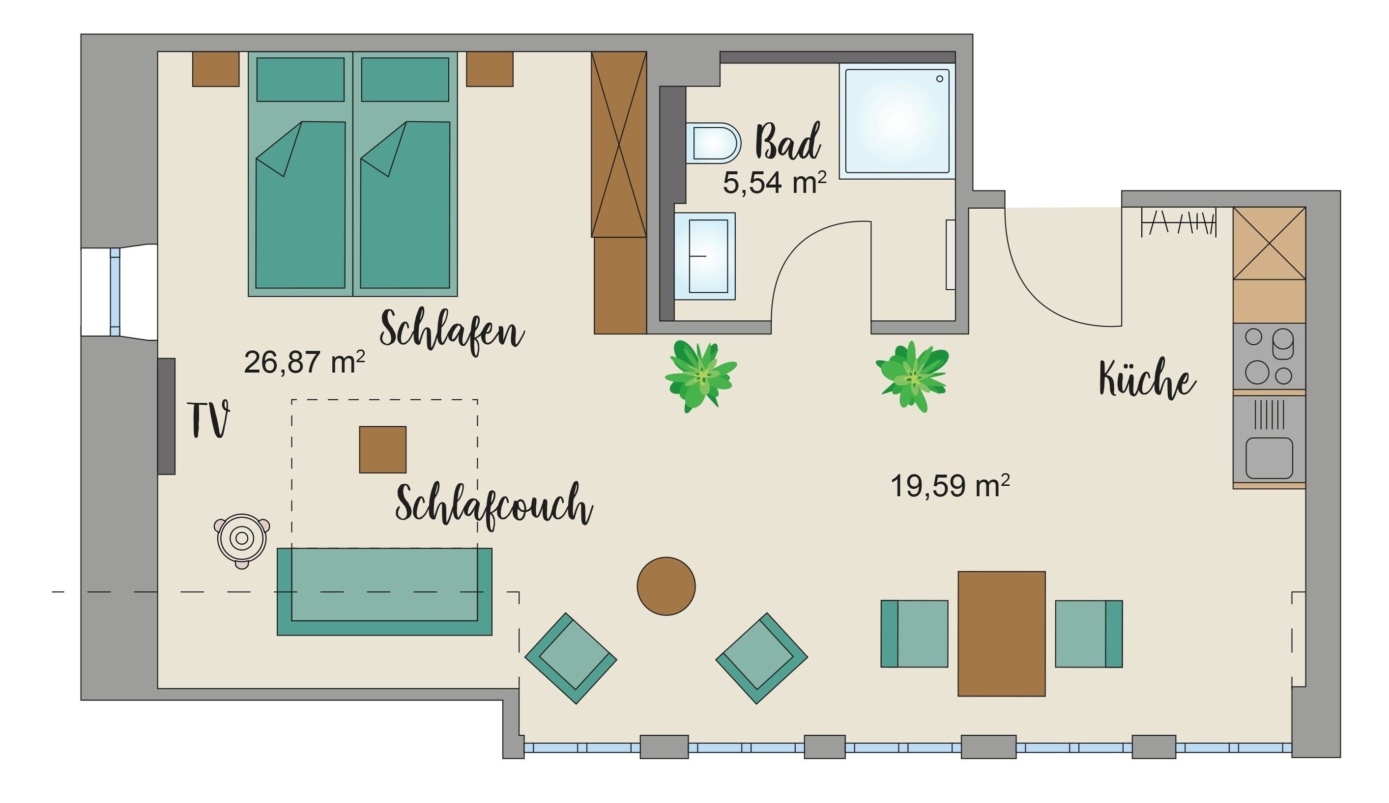 Plano de un hotel que muestra una sala de televisión, dos dormitorios, un baño, una cocina y una sala de estar.