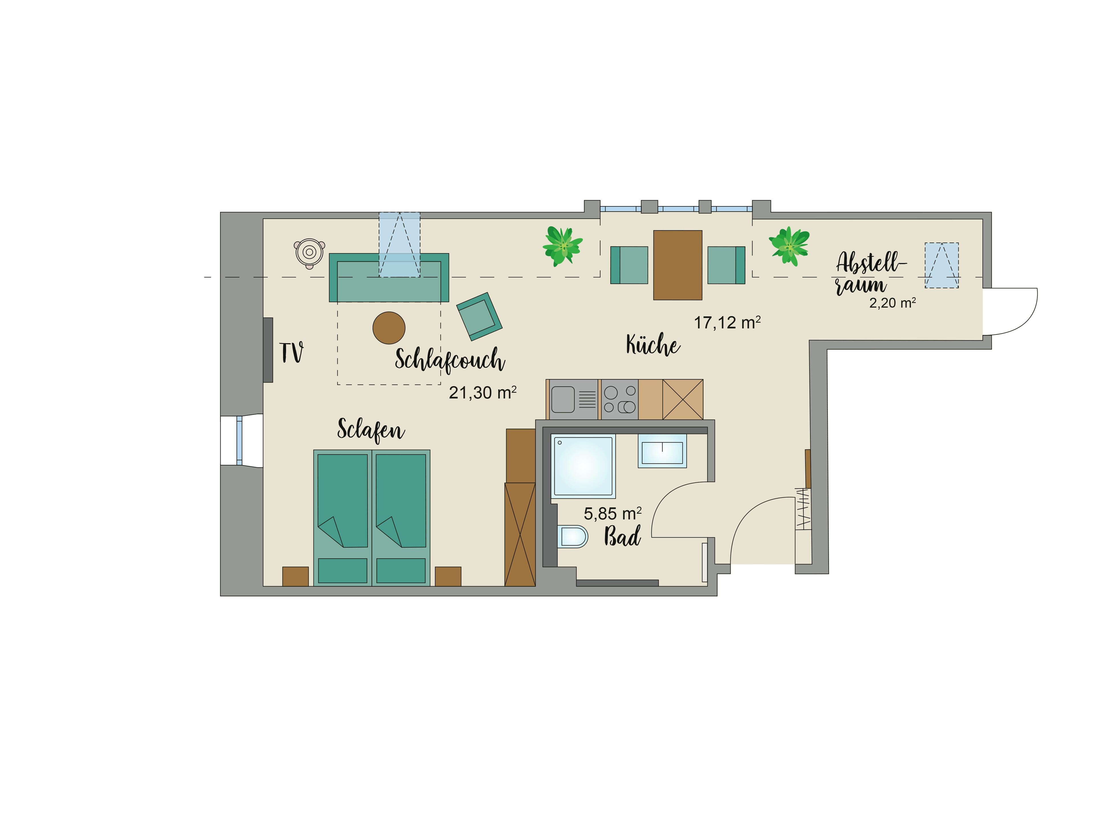 Un plan d’étage d’une chambre d’hôtel comprenant une télévision, un canapé, une salle de bain, une cuisine et un balcon.