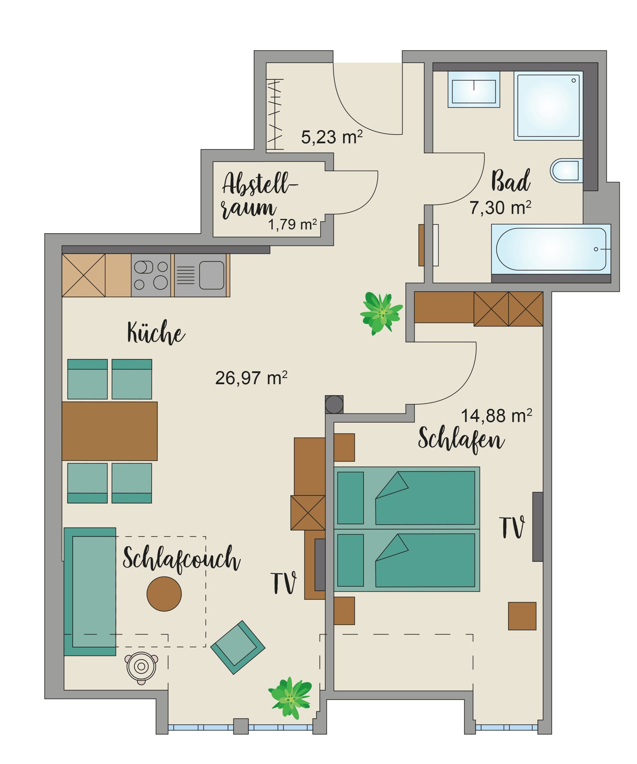 A floor plan with a kitchen, bathroom, living room, and two bedrooms.