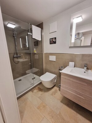 Shower, hair dryer, towels