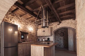 A rustic kitchen with a stone wall, wooden beams, a stainless steel refrigerator, wooden cabinets, and a hanging light fixture. - Vertigo Stone Villa - Roumeli Private Pool Escape (Roumeli)