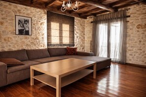 TV, fireplace - Vertigo Stone Villa - Roumeli Private Pool Escape (Roumeli)
