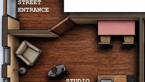 Plano de planta que muestra una entrada por la calle, un estudio con cama, sofá y sillón, y un baño con lavabo e inodoro.